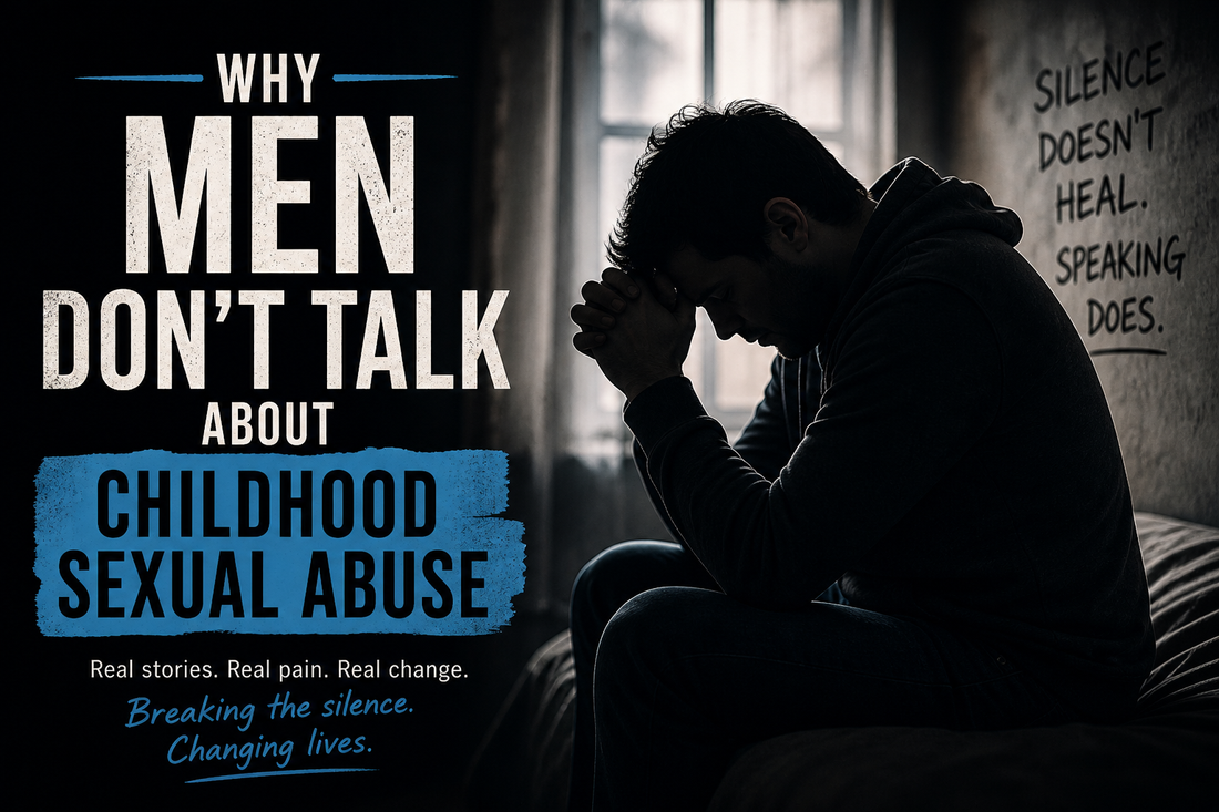 Man sitting in shadow with head bowed in distress, representing silence and emotional pain linked to childhood sexual abuse, with text highlighting why men struggle to speak out