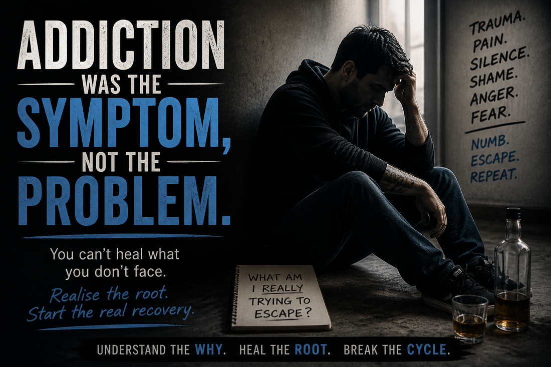 Man sitting on the floor with head in hand beside a bottle and glass, representing addiction and emotional struggle, with text highlighting that addiction is often a symptom of deeper trauma