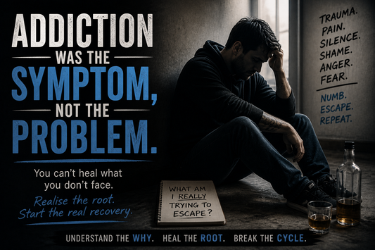 Man sitting on the floor with head in hand beside a bottle and glass, representing addiction and emotional struggle, with text highlighting that addiction is often a symptom of deeper trauma