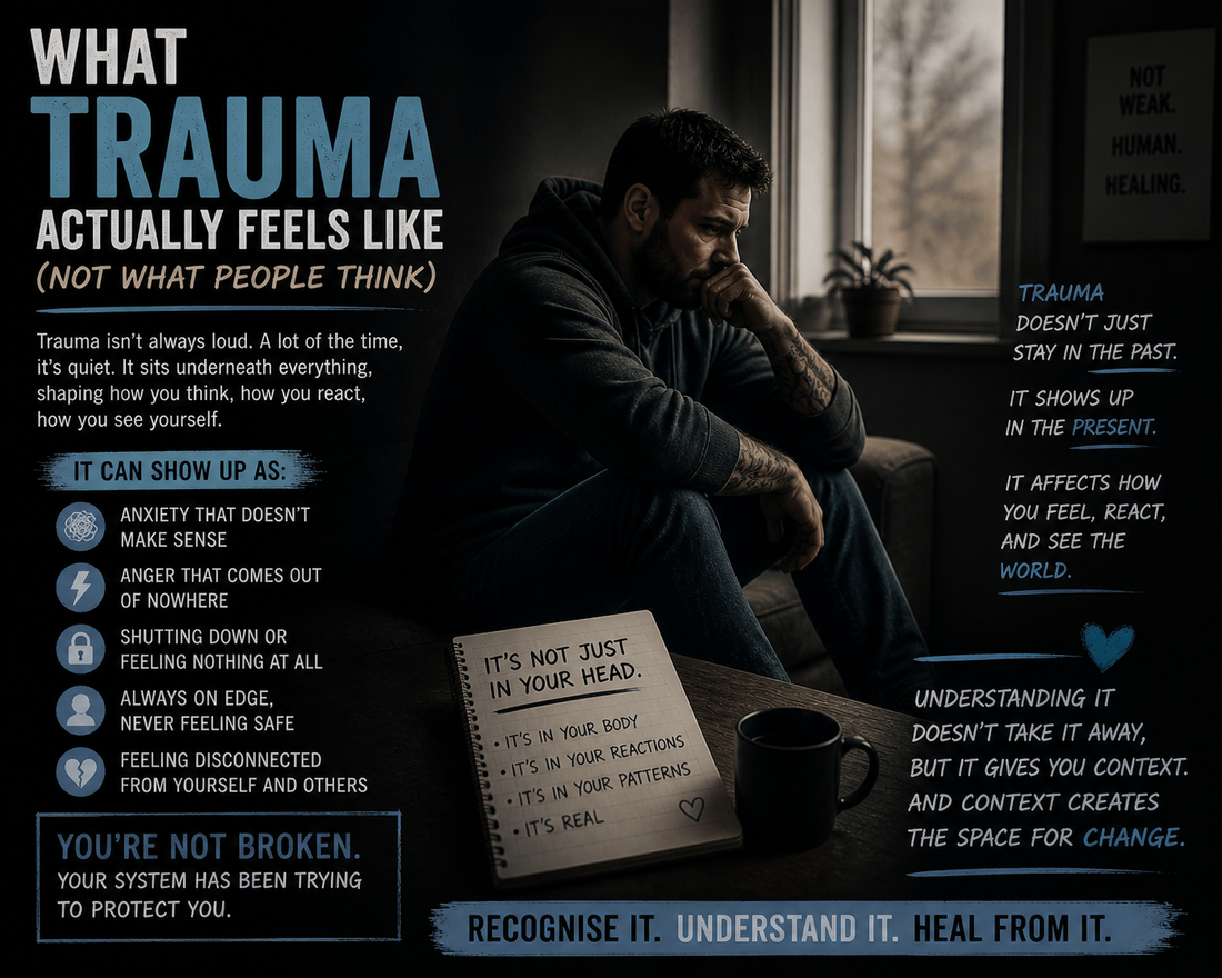 Man sitting alone in a dim room looking overwhelmed and lost in thought, representing the internal experience of trauma, with text explaining how trauma feels and shows up in everyday life