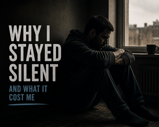 Man sitting alone by a window with head down in a dimly lit room, representing emotional isolation and silence, with text reading “Why I Stayed Silent and What It Cost Me”