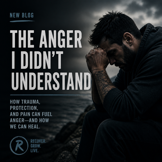 Man sitting by the sea with head in hands, appearing overwhelmed and deep in thought, representing anger linked to trauma and emotional pain, with text reading “The Anger I Didn’t Understand”