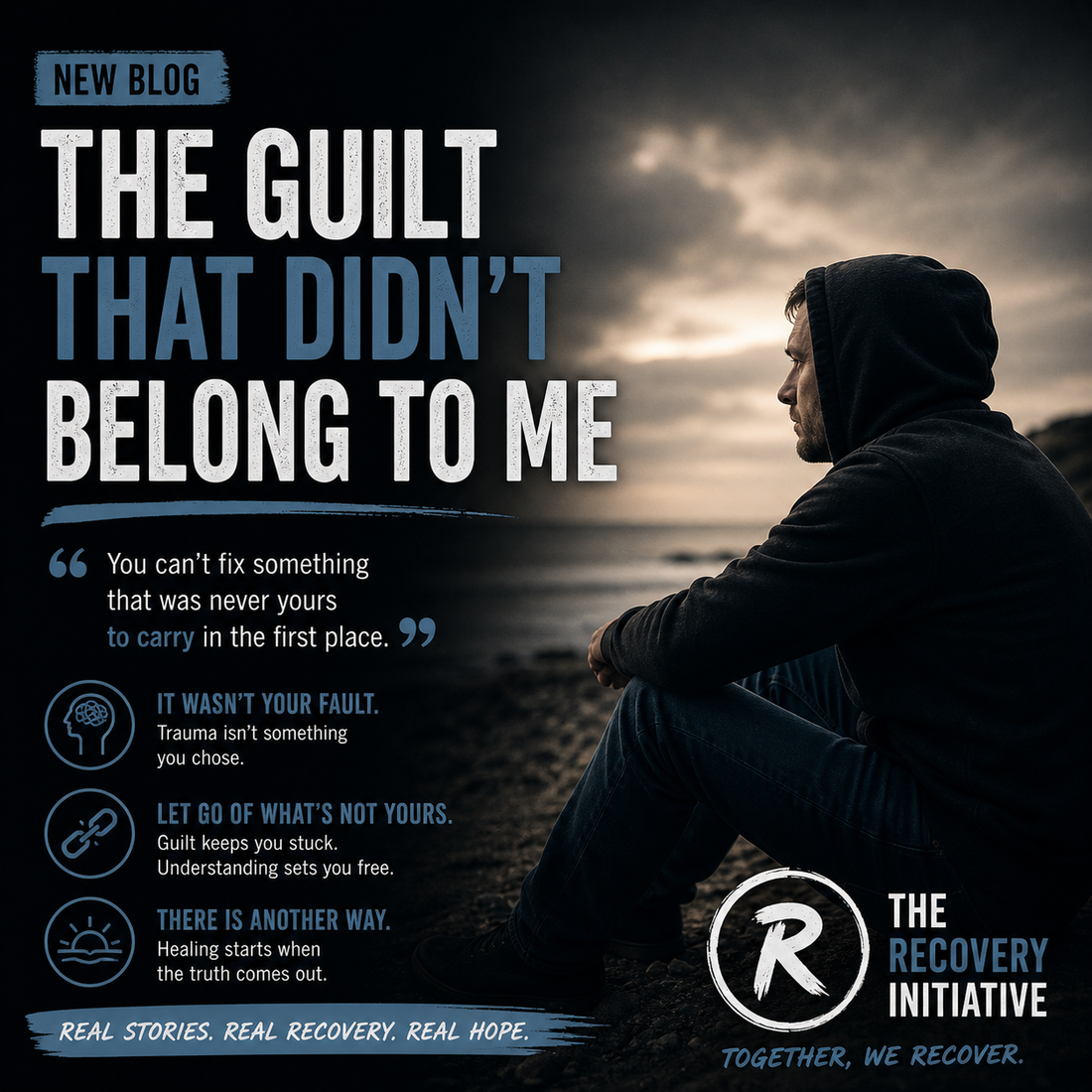 Man sitting alone on a shoreline looking out to sea, appearing reflective and weighed down, representing guilt and emotional burden linked to trauma, with text reading “The Guilt That Didn’t Belong to Me”